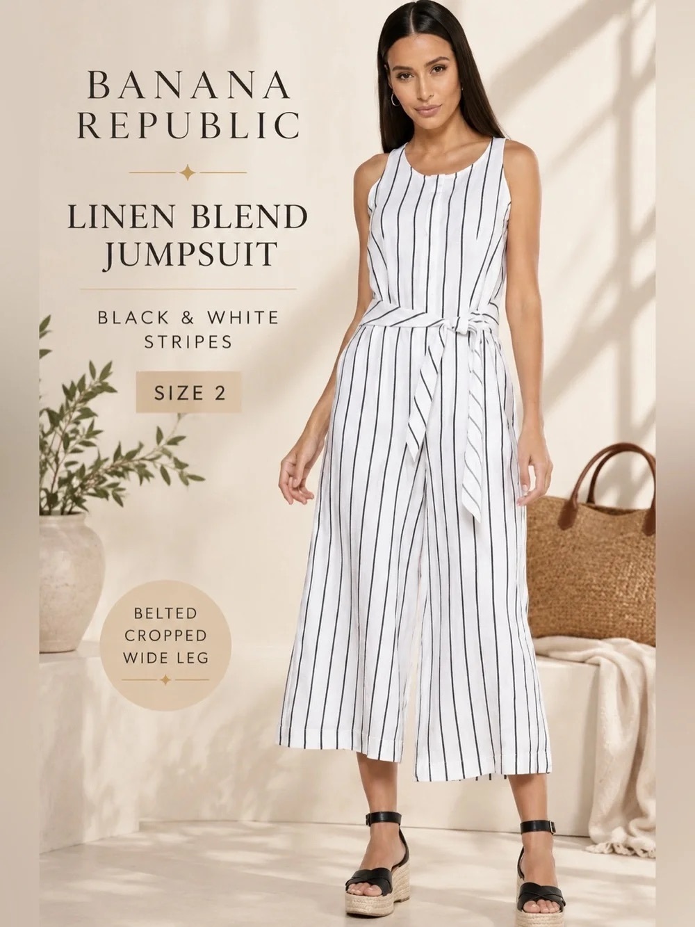 Banana Republic White Jumpsuit with Black Pinstripes